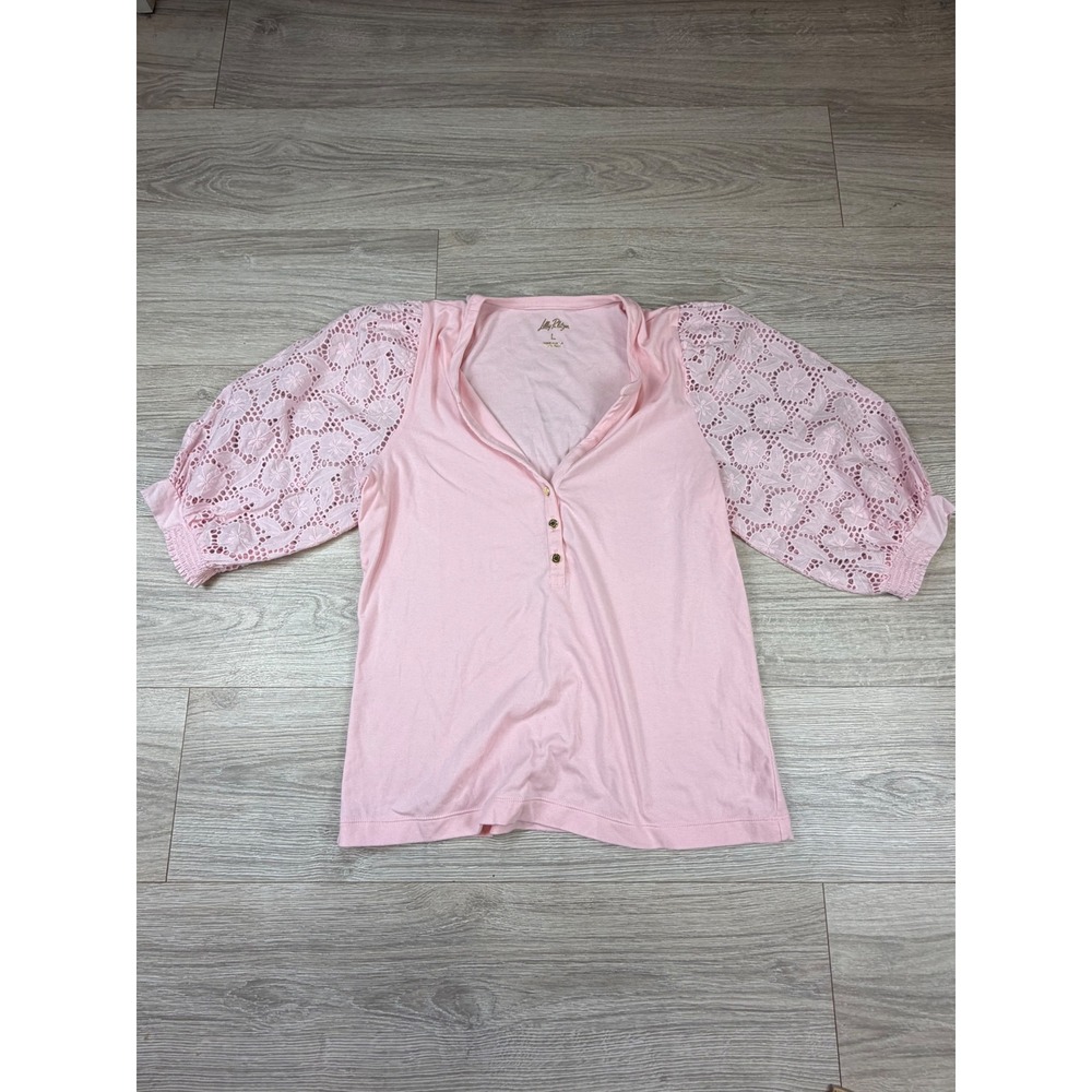 Lilly Pulitzer Etta‎ V-Neck Top Pink Eyelet Lace Puff Sleeve Knit Shirt Large